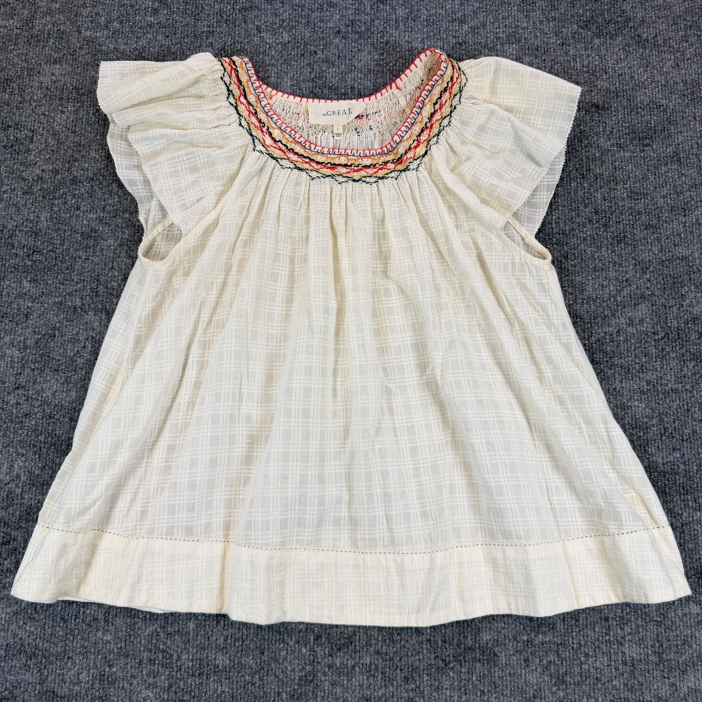 The Great Smocked Embroidered Cotton Plaid Ruffle Top Cream Size 2 Boho Peasant